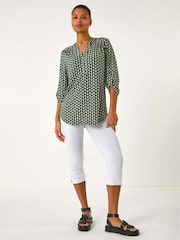 Roman Green Abstract Print V-Neck Button Stretch Shirt - Image 2 of 5