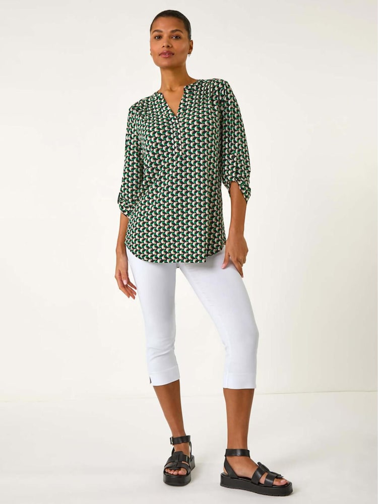 Roman Green Abstract Print V-Neck Button Stretch Shirt - Image 2 of 5