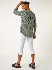 Roman Green Abstract Print V-Neck Button Stretch Shirt - Image 3 of 5
