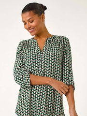 Roman Green Abstract Print V-Neck Button Stretch Shirt - Image 4 of 5