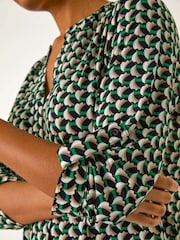 Roman Green Abstract Print V-Neck Button Stretch Shirt - Image 5 of 5
