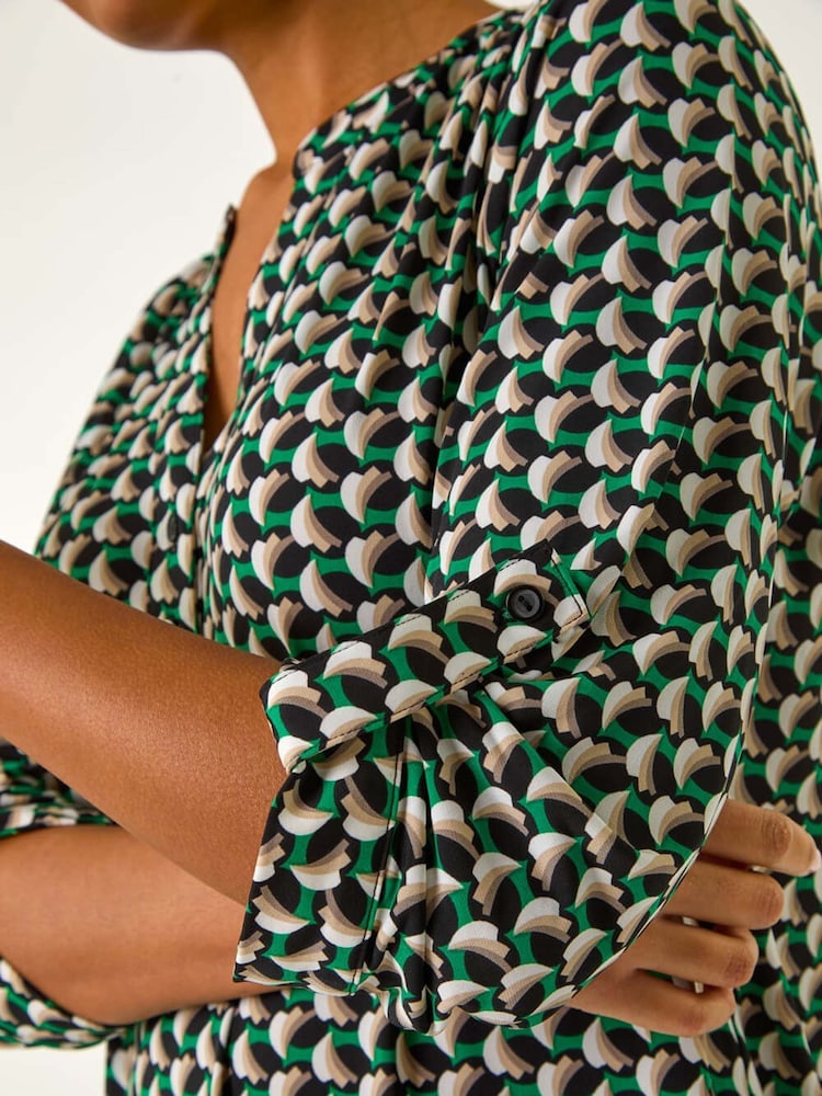 Roman Green Abstract Print V-Neck Button Stretch Shirt - Image 5 of 5