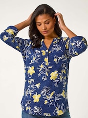 Roman Yellow Textured Floral Print V-Neck Stretch Shirt - Image 1 of 5