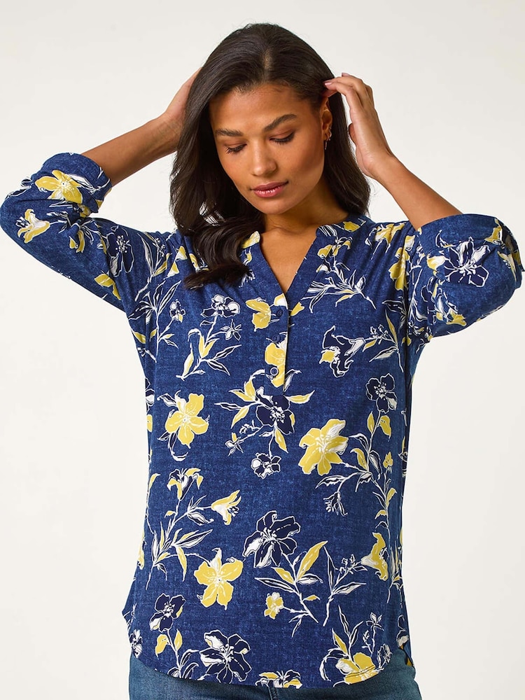 Roman Yellow Textured Floral Print V-Neck Stretch Shirt - Image 1 of 5