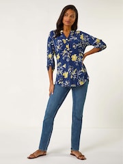 Roman Yellow Textured Floral Print V-Neck Stretch Shirt - Image 2 of 5