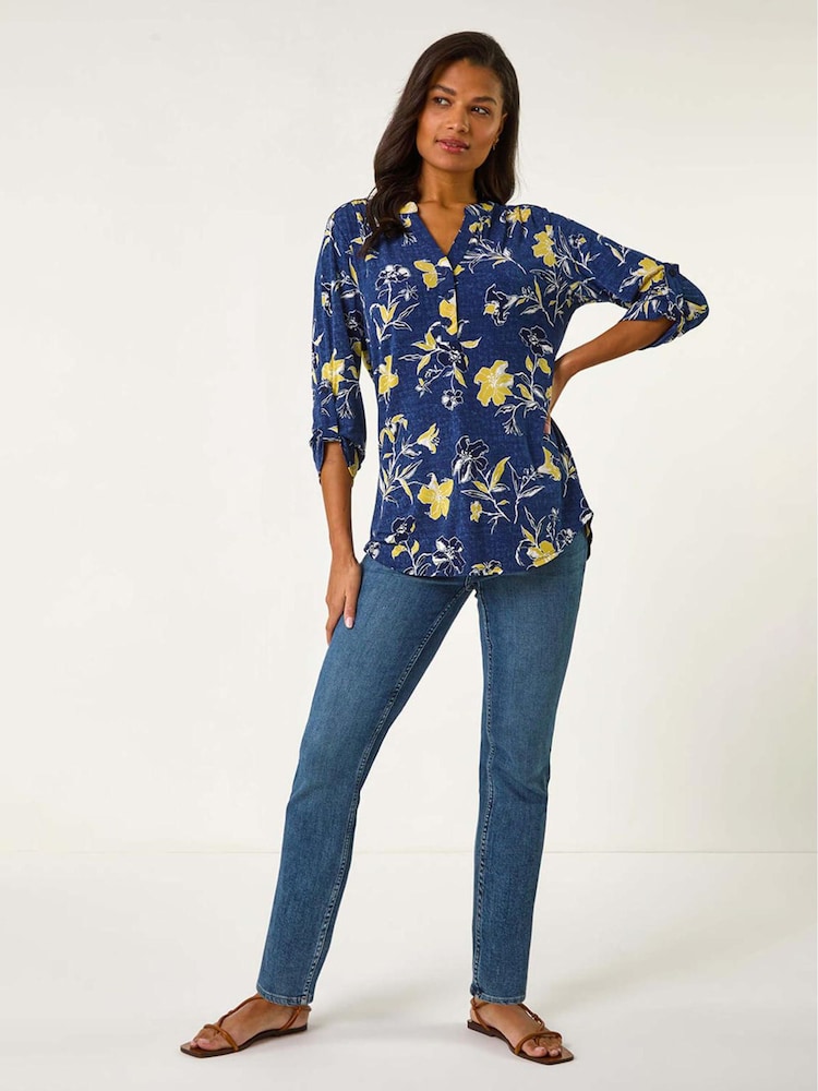 Roman Yellow Textured Floral Print V-Neck Stretch Shirt - Image 2 of 5
