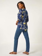 Roman Yellow Textured Floral Print V-Neck Stretch Shirt - Image 3 of 5