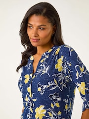 Roman Yellow Textured Floral Print V-Neck Stretch Shirt - Image 4 of 5
