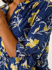 Roman Yellow Textured Floral Print V-Neck Stretch Shirt - Image 5 of 5