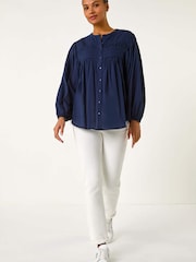 Roman Blue Pleat Detail Button Through 100% Cotton Blouse - Image 2 of 5