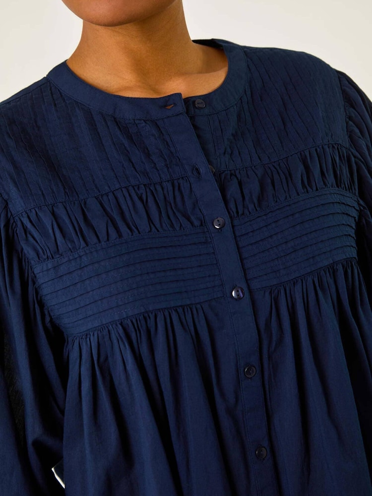 Roman Blue Pleat Detail Button Through 100% Cotton Blouse - Image 5 of 5