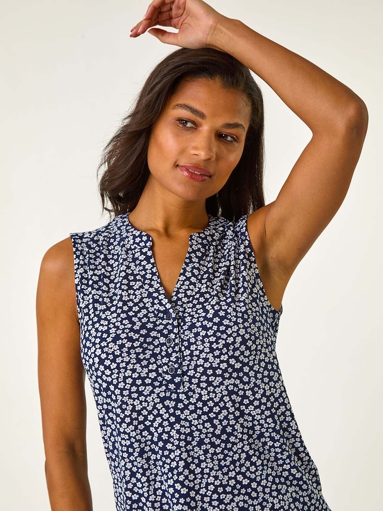 Roman Blue Textured Leaf Print V-Neck Stretch Top - Image 1 of 5