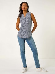 Roman Blue Textured Leaf Print V-Neck Stretch Top - Image 2 of 5