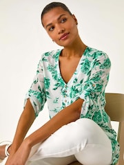 Roman Green Floral Print V-Neck Button Front Top - Image 1 of 5