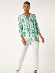 Roman Green Floral Print V-Neck Button Front Top - Image 2 of 5
