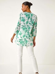 Roman Green Floral Print V-Neck Button Front Top - Image 3 of 5