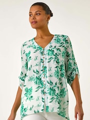 Roman Green Floral Print V-Neck Button Front Top - Image 4 of 5