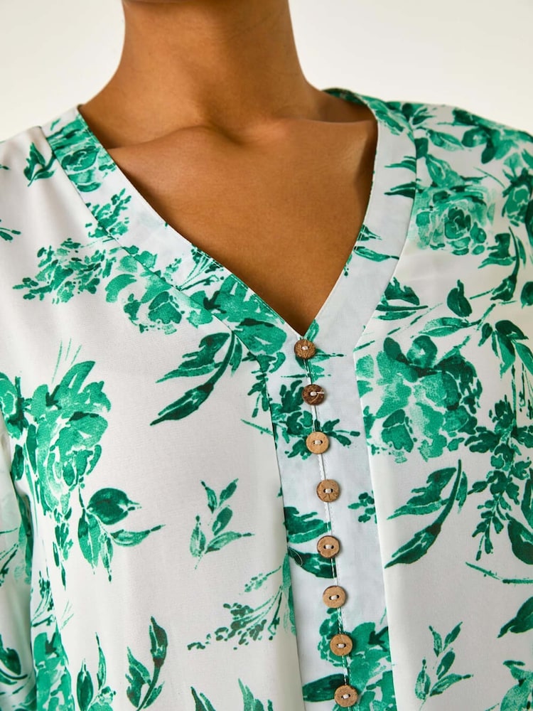Roman Green Floral Print V-Neck Button Front Top - Image 5 of 5