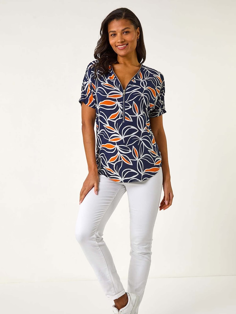 Roman Orange Textured Print Zip Detail Top - Image 2 of 5
