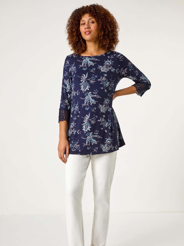 Roman Floral Pint Lace Cuff Jersey Top - Изображение 2 из 5