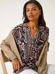 Roman Natural Textured Ikat Print Stretch Top - Image 1 of 5