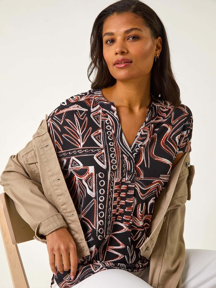 Roman Natural Textured Ikat Print Stretch Top - Image 1 of 5