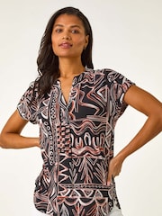 Roman Natural Textured Ikat Print Stretch Top - Image 4 of 5