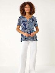 Blusa elástica com estampa Roman Paisley e franzida - Imagem 2 de 5