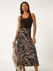 Roman Black Modern Paisley Print Midi Stretch Skirt - Image 2 of 5