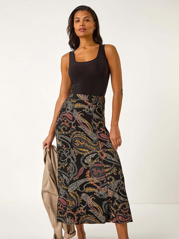 Roman Black Modern Paisley Print Midi Stretch Skirt - Image 2 of 5