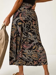 Roman Black Modern Paisley Print Midi Stretch Skirt - Image 3 of 5