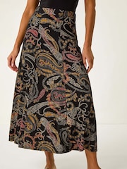 Roman Black Modern Paisley Print Midi Stretch Skirt - Image 4 of 5