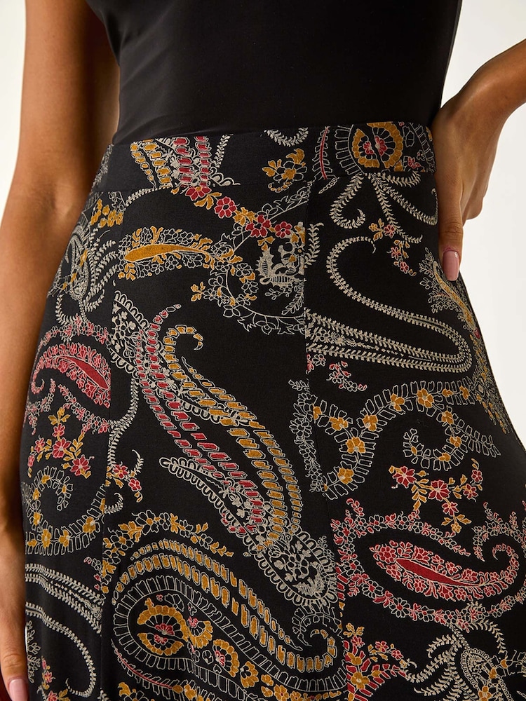 Roman Black Modern Paisley Print Midi Stretch Skirt - Image 5 of 5