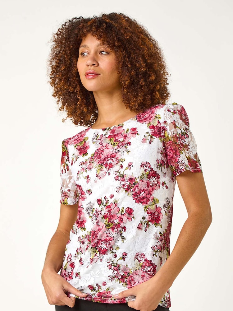 Roman Red Floral Print Lace Top - Image 1 of 5