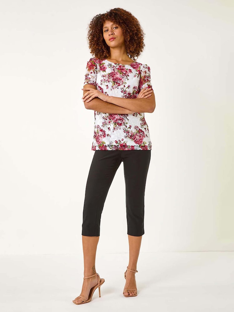 Roman Red Floral Print Lace Top - Image 2 of 5
