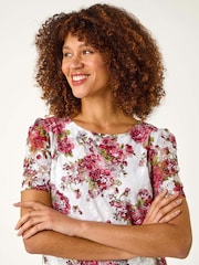 Roman Red Floral Print Lace Top - Image 4 of 5