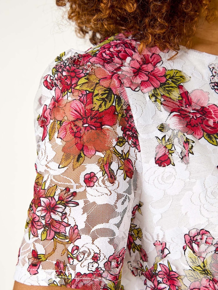 Roman Red Floral Print Lace Top - Image 5 of 5