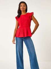 Roman Red Broidery Frill Sleeve 100% Cotton Top - Image 2 of 5