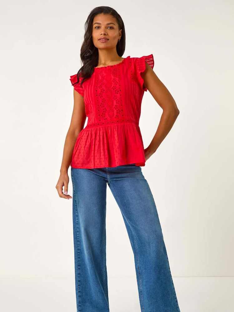 Roman Red Broidery Frill Sleeve 100% Cotton Top - Image 2 of 5