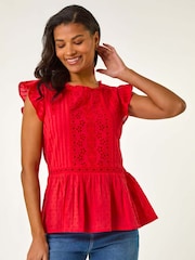 Roman Red Broidery Frill Sleeve 100% Cotton Top - Image 4 of 5