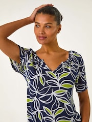Roman Green Textured Leaf Print V-Neck Stretch Top - Image 1 of 5