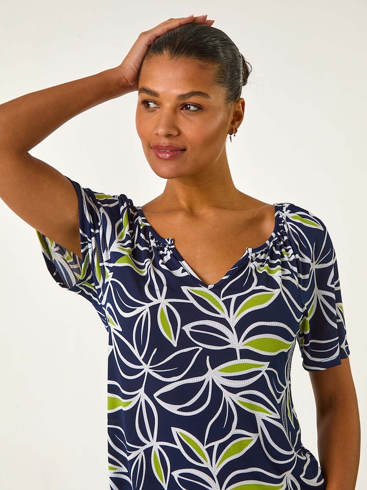 Roman Green Textured Leaf Print V-Neck Stretch Top - Image 1 of 5