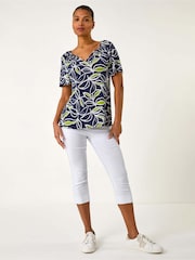 Roman Green Textured Leaf Print V-Neck Stretch Top - Image 2 of 5