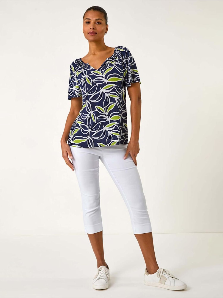 Roman Green Textured Leaf Print V-Neck Stretch Top - Image 2 of 5