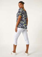 Roman Green Textured Leaf Print V-Neck Stretch Top - Image 3 of 5