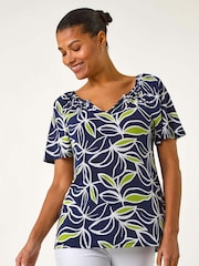 Roman Green Textured Leaf Print V-Neck Stretch Top - Image 4 of 5