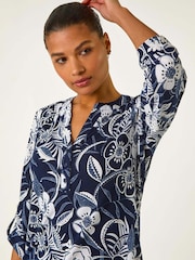 Roman Blue Textured Floral Print V-Neck Stretch Shirt - Image 1 of 5