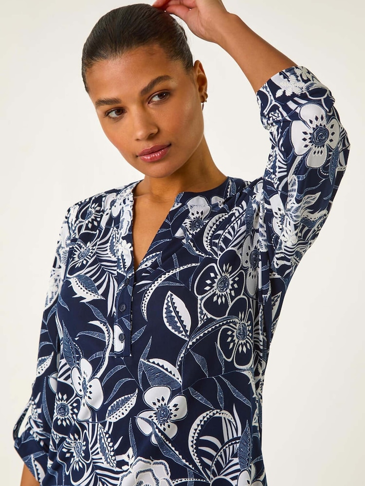 Roman Blue Textured Floral Print V-Neck Stretch Shirt - Image 1 of 5