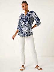 Roman Blue Textured Floral Print V-Neck Stretch Shirt - Image 2 of 5