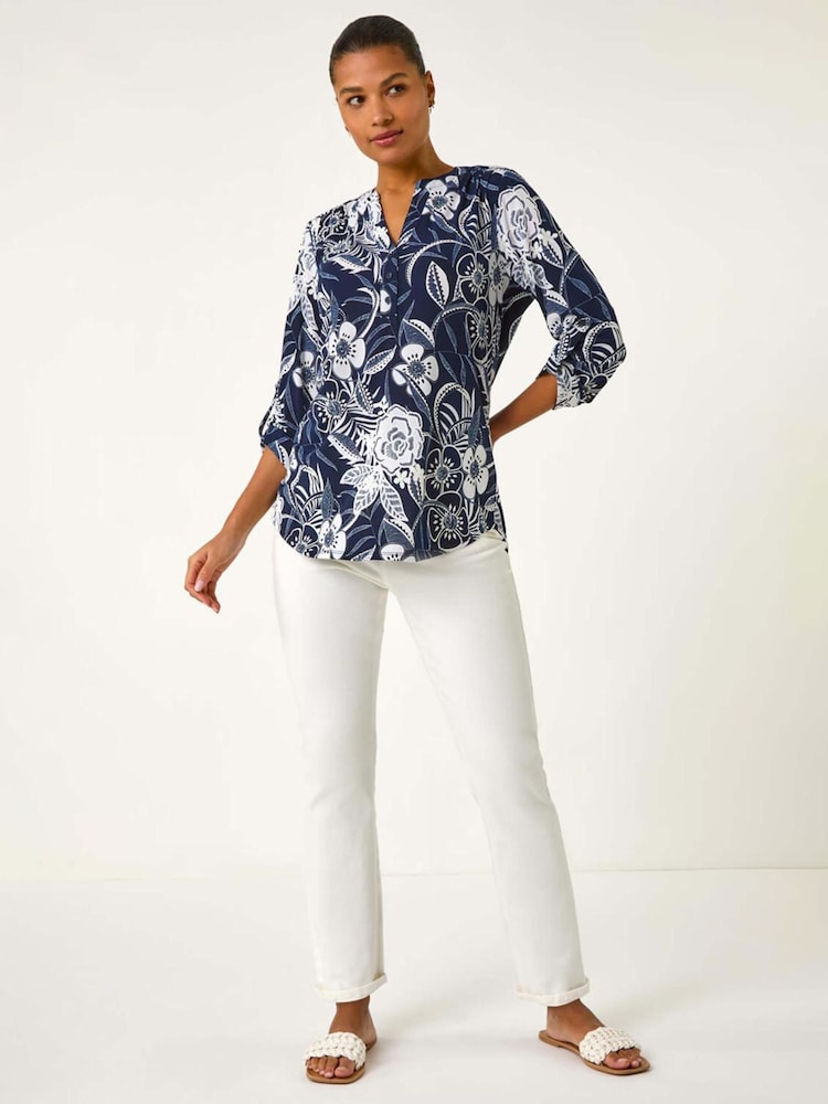 Roman Textured Floral Print V-Neck Stretch Shirt - Imagen 2 de 5 Roman Textured Floral Print V-Neck Stretch Shirt - Imagen 2 de 5